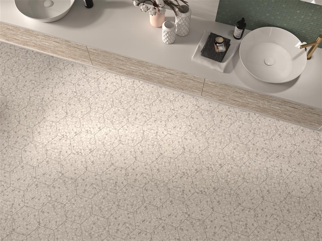 Durstone Six Terazzo Talc vloertegel mat - kleur wit, hexagon (foto 2)