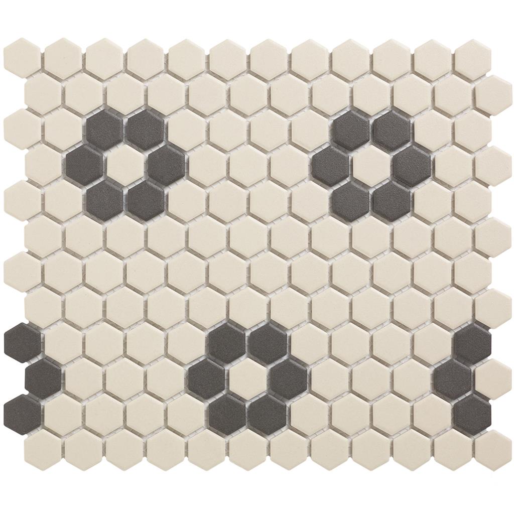 TMF London LOH-Kensington-4 White + Black 4 black flowers Hexagon mozaïek - tegel