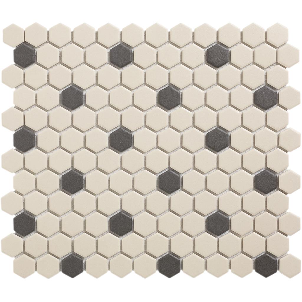 TMF London LOH-Mayfair-18 White + Black 18 black dots 2,3,2,6 Hexagon mozaïek - tegel
