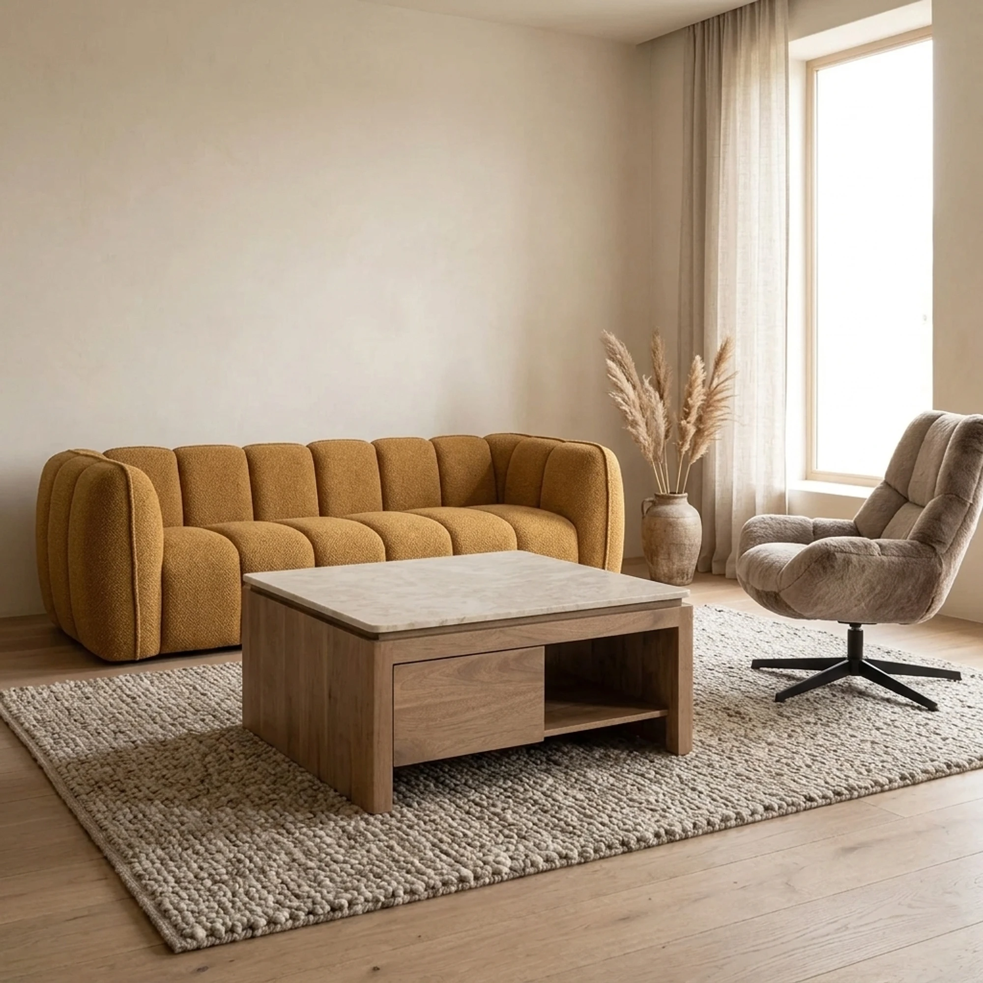 Tischplatte des Couchtischs Dallas in beigefarbenem Marmor
