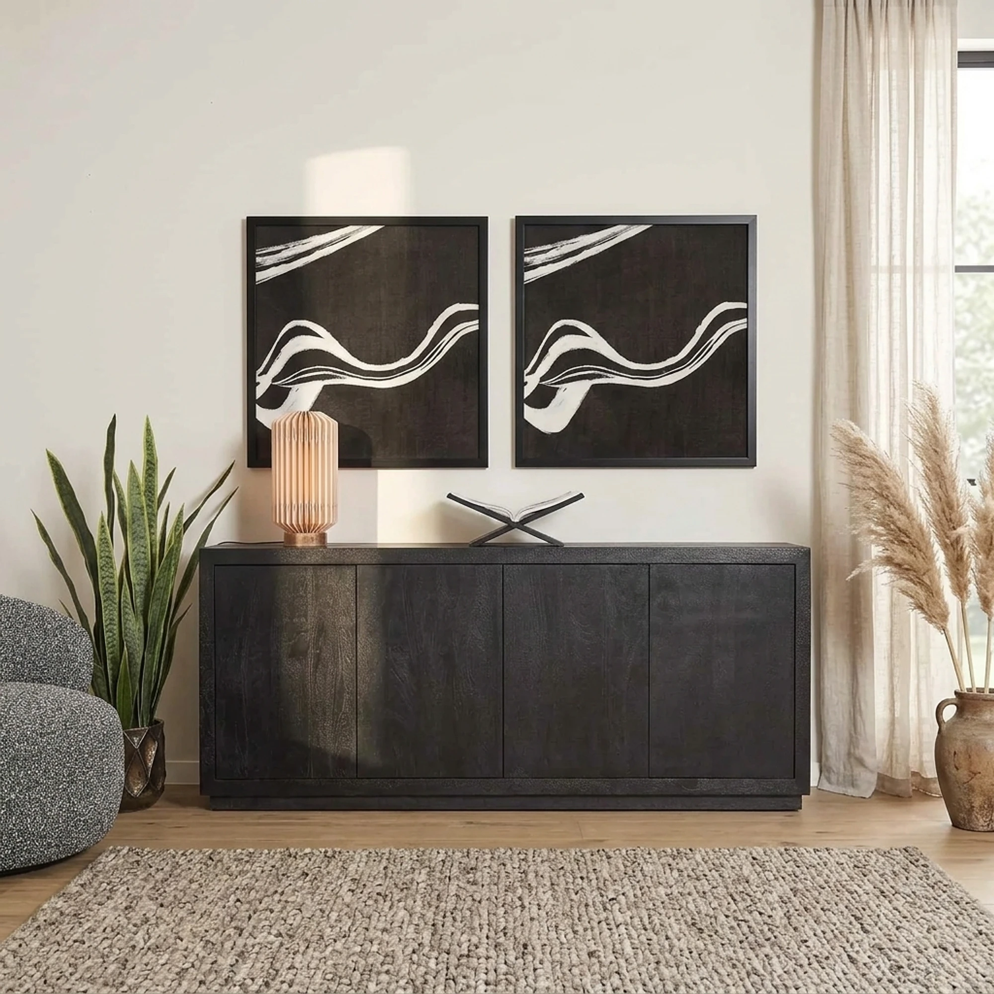 Sideboard „Brussel“ in Schwarz, Mangoholz, 200 cm