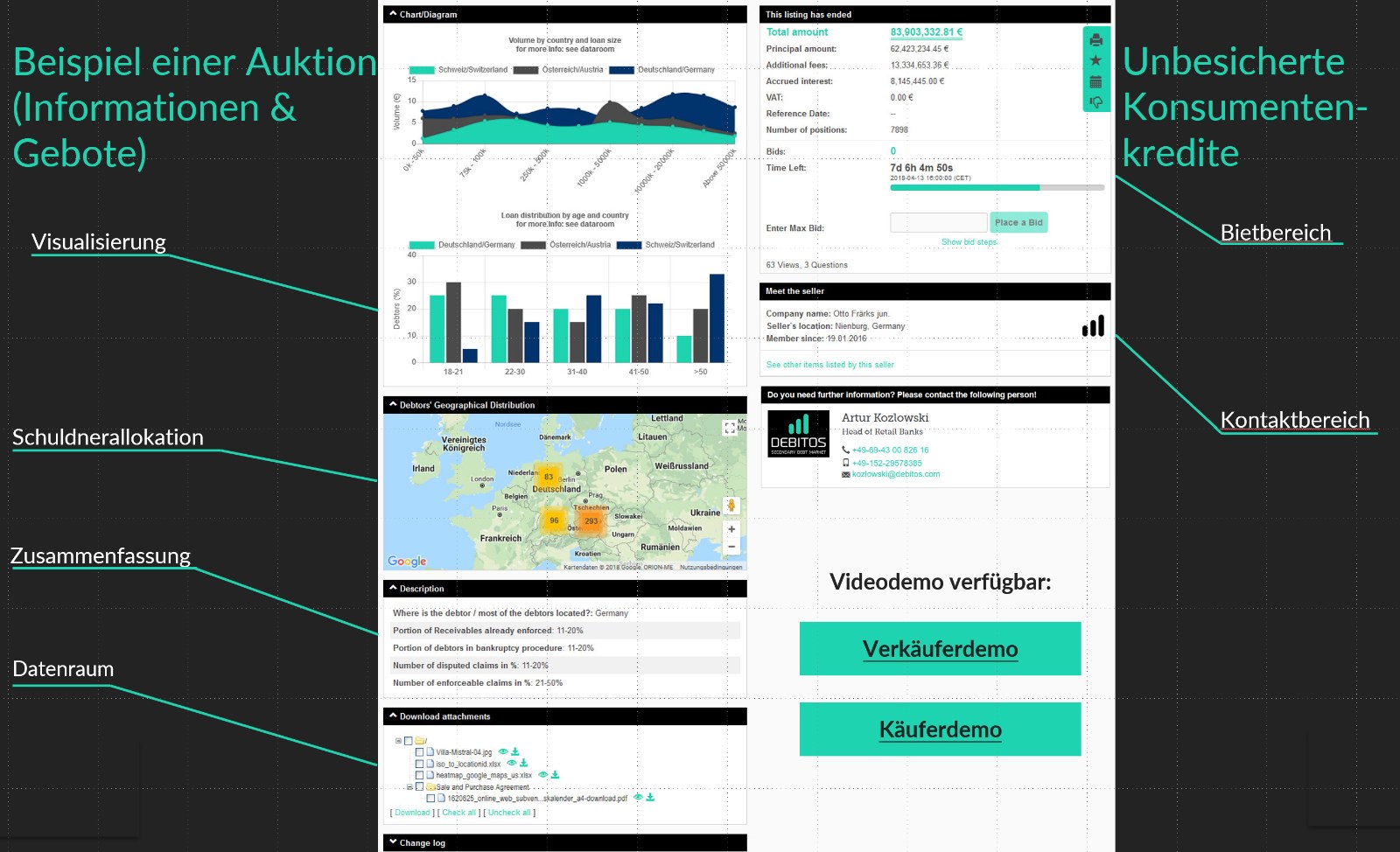 Debitos – Beispiel einer Auktion: Visualisierung, Schuldnerallokation, Datenraum und Bietbereich