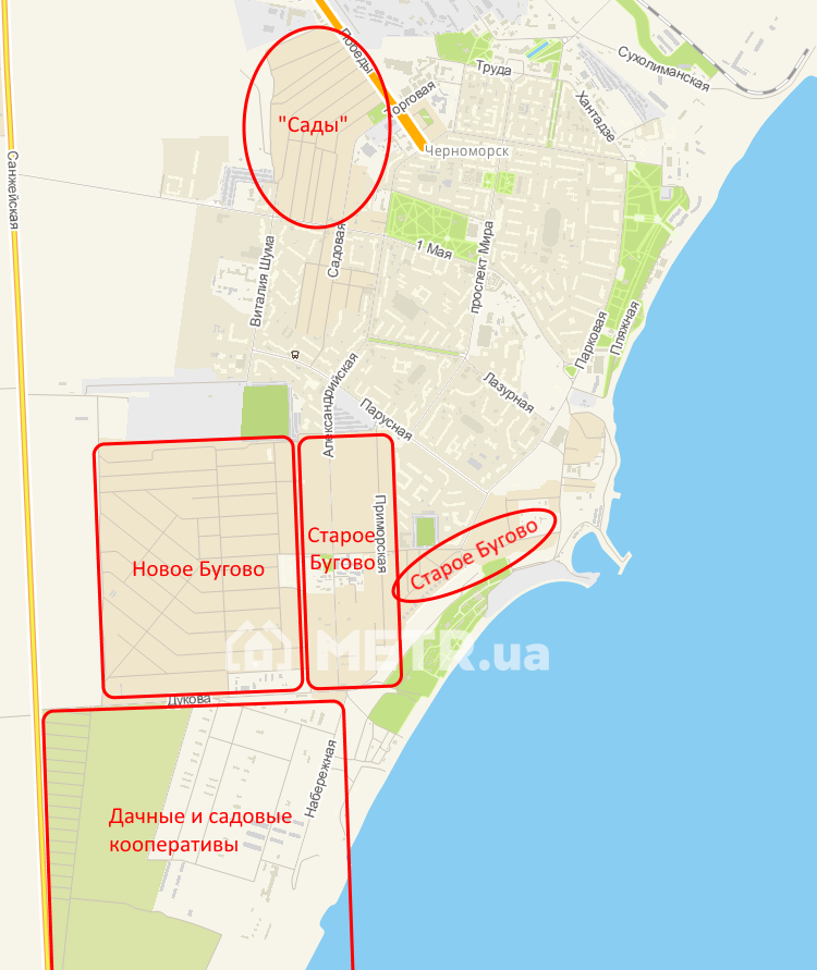 Схема районов частного сектора Черноморска - Новое Бугово, Старое Бугово, Сады