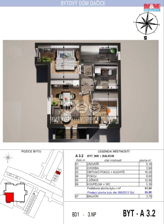 Prodej, Byt 3+kk, Dačice