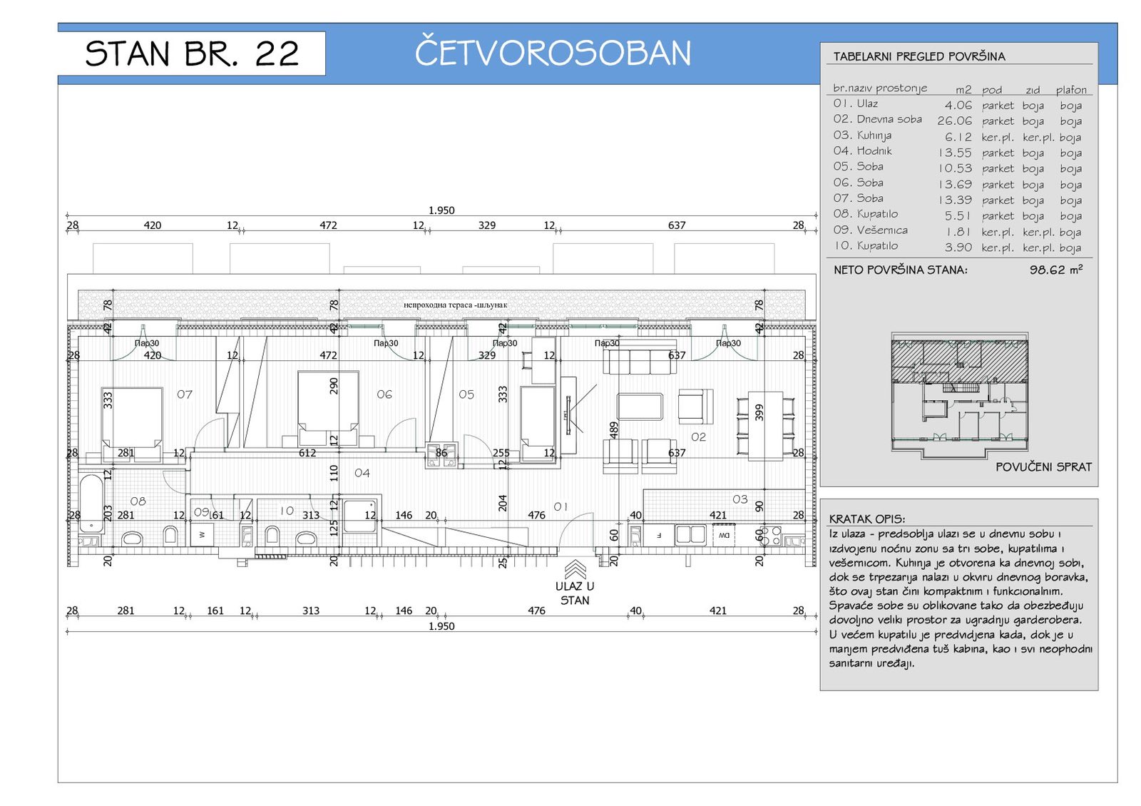 Vukov spomenik ulica Vojvode Bogdana 98m2 30m2 terasa 2