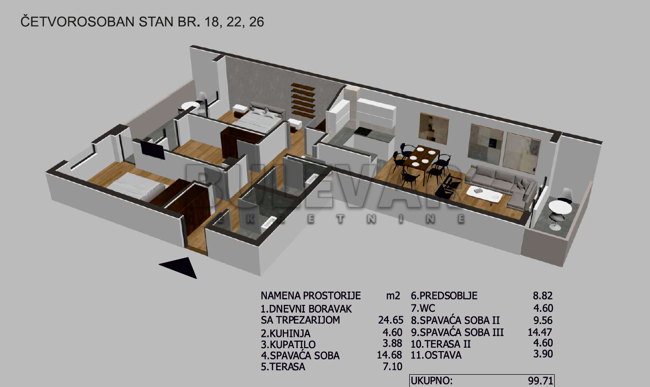 četvorosoban stan, 99.71 m2, Crveni Pevac, Bulevar dr Zorana ID: p-05724 4