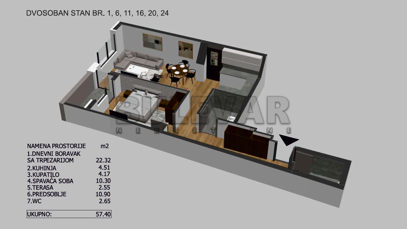 Dvosoban stan, 59 m2, Crveni Pevac, Bulevar dr Zorana ID: p-05725 4