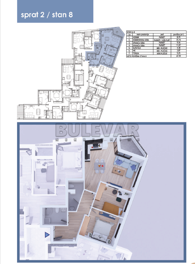 Dvosoban stan, 67.59 m2, Filozofski fakultet, Svetosavska ID: p-09728 3