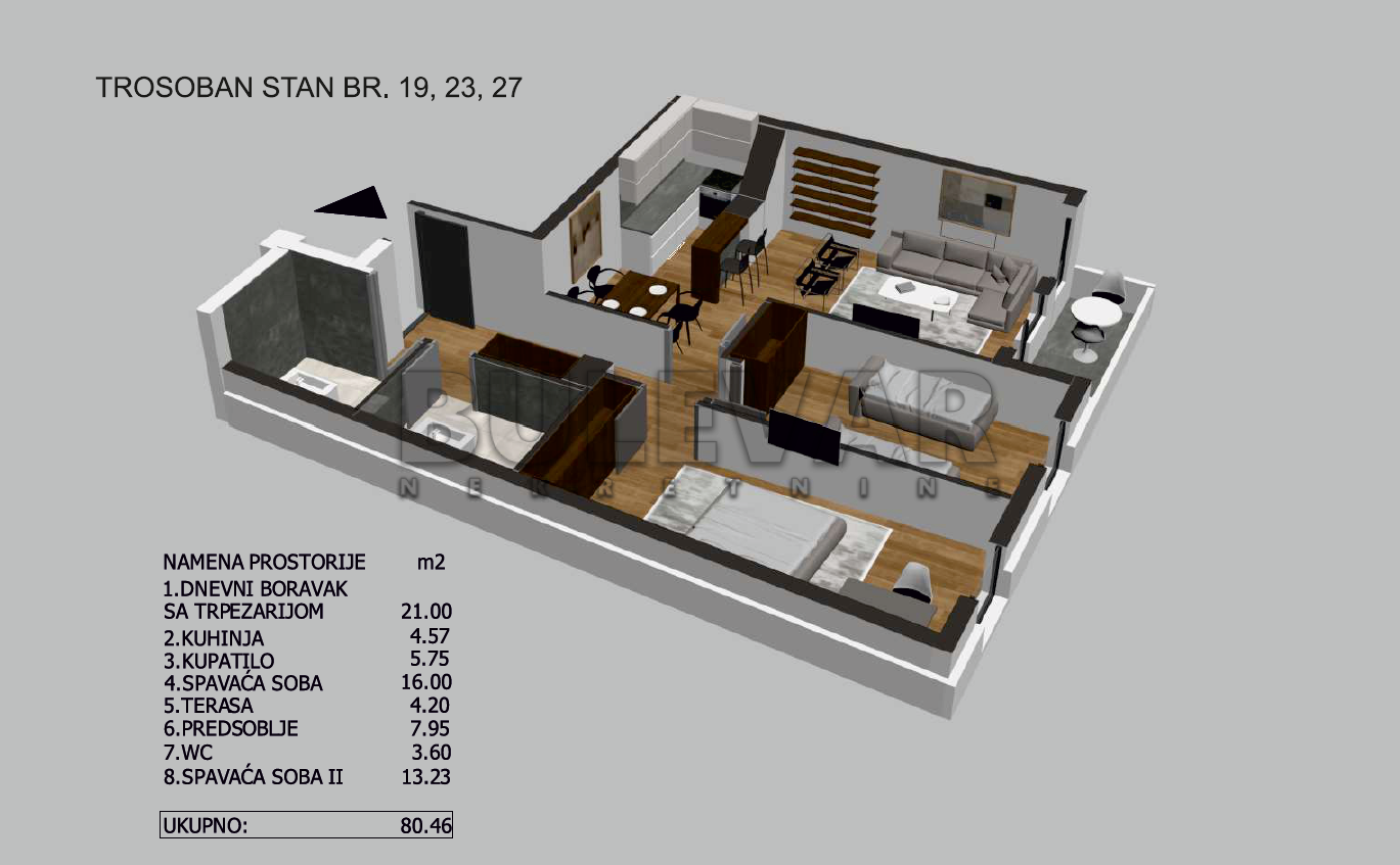Trosoban stan, 80.46 m2, Crveni Pevac, Bulevar dr Zorana ID: p-05720 4