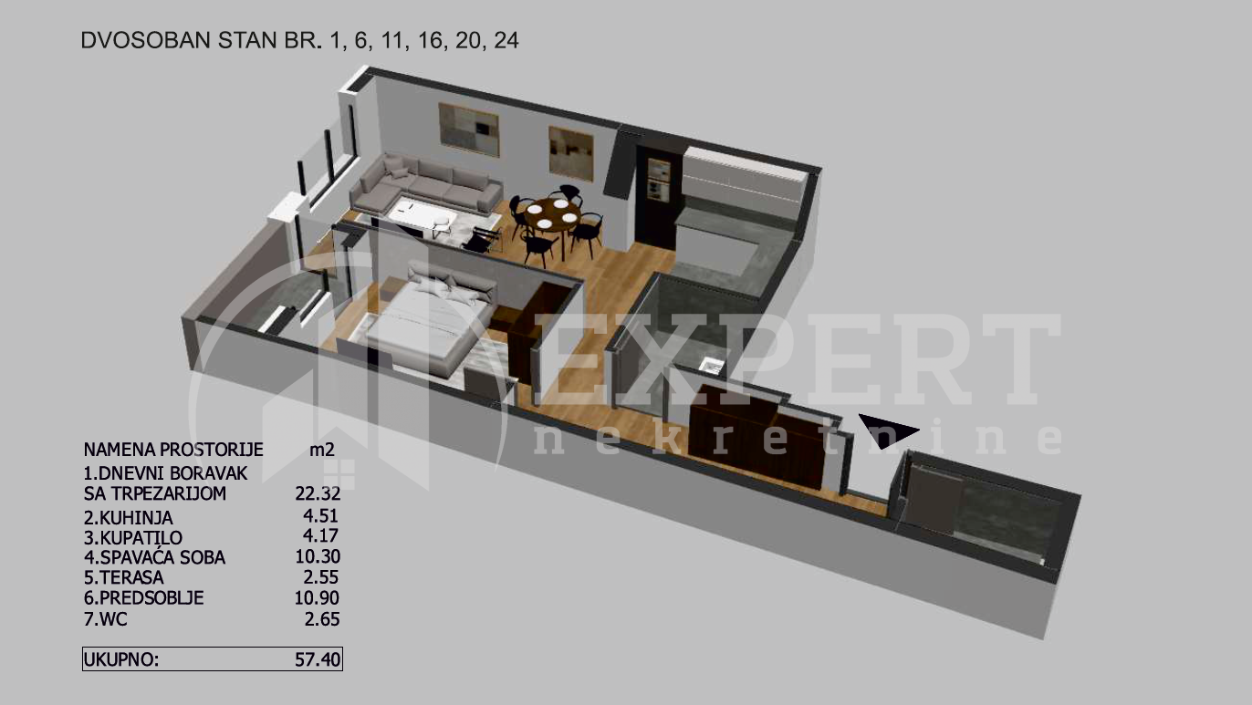 Dvosoban stan, 59 m2, Crveni Pevac, Bulevar dr Zorana ID: p-05725 4
