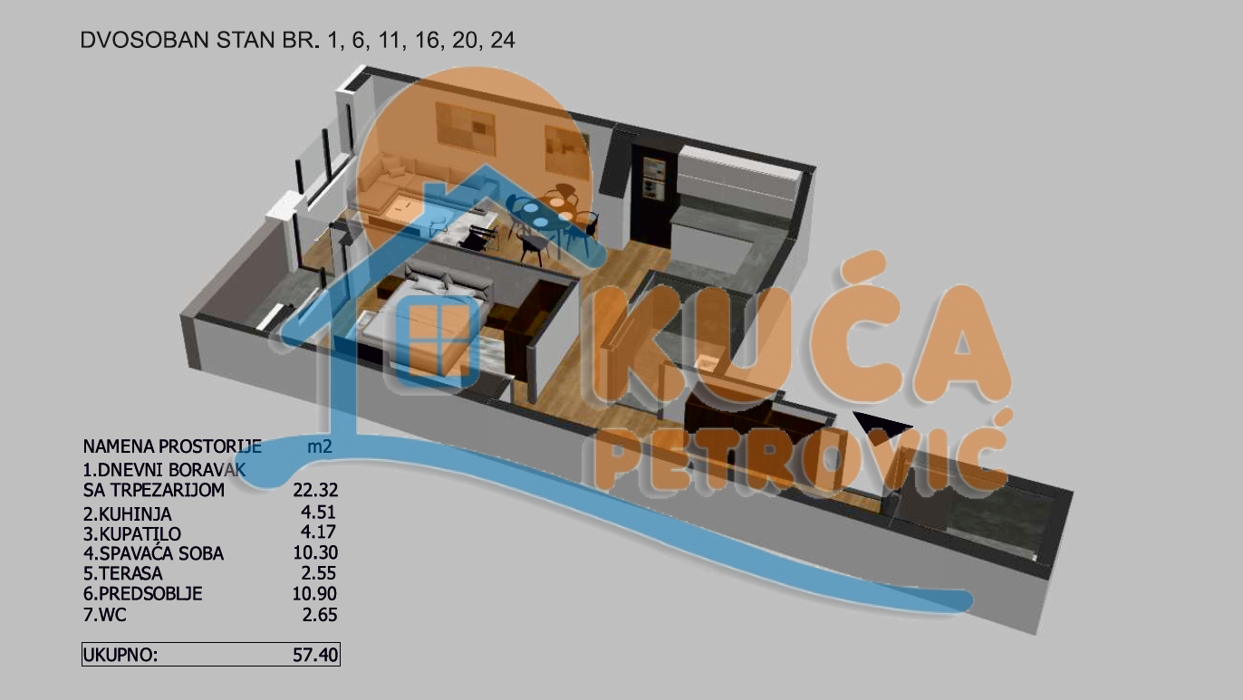 Dvosoban stan, 59 m2, Crveni Pevac, Bulevar dr Zorana ID: p-05725 4