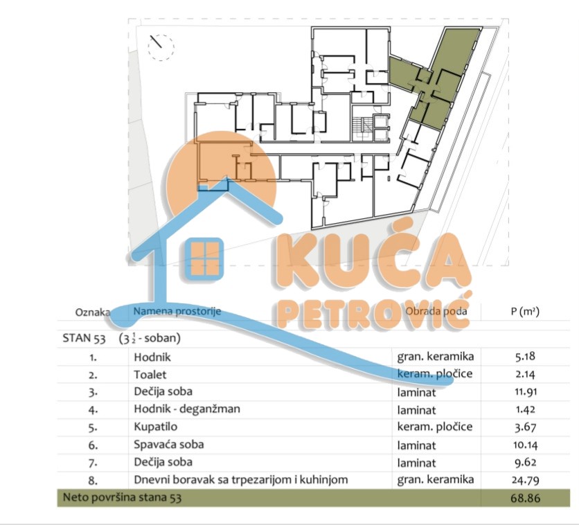 Trosoban stan, 68.86 m2, Centar, Prvomajska ID: p-012986 3