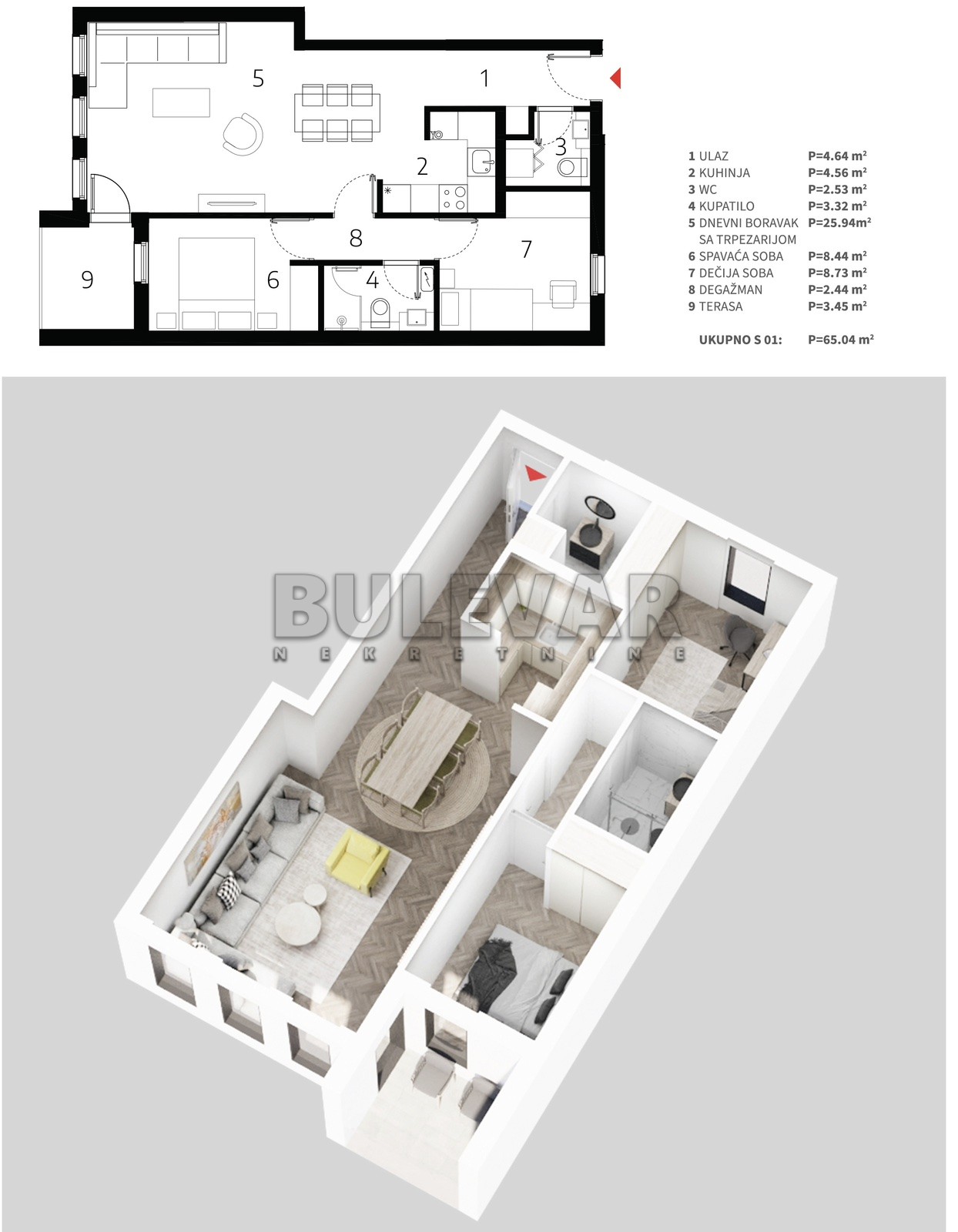 Dvosoban stan, 65.04 m2, Palilula, Mokranjčeva ID: p-013520 4