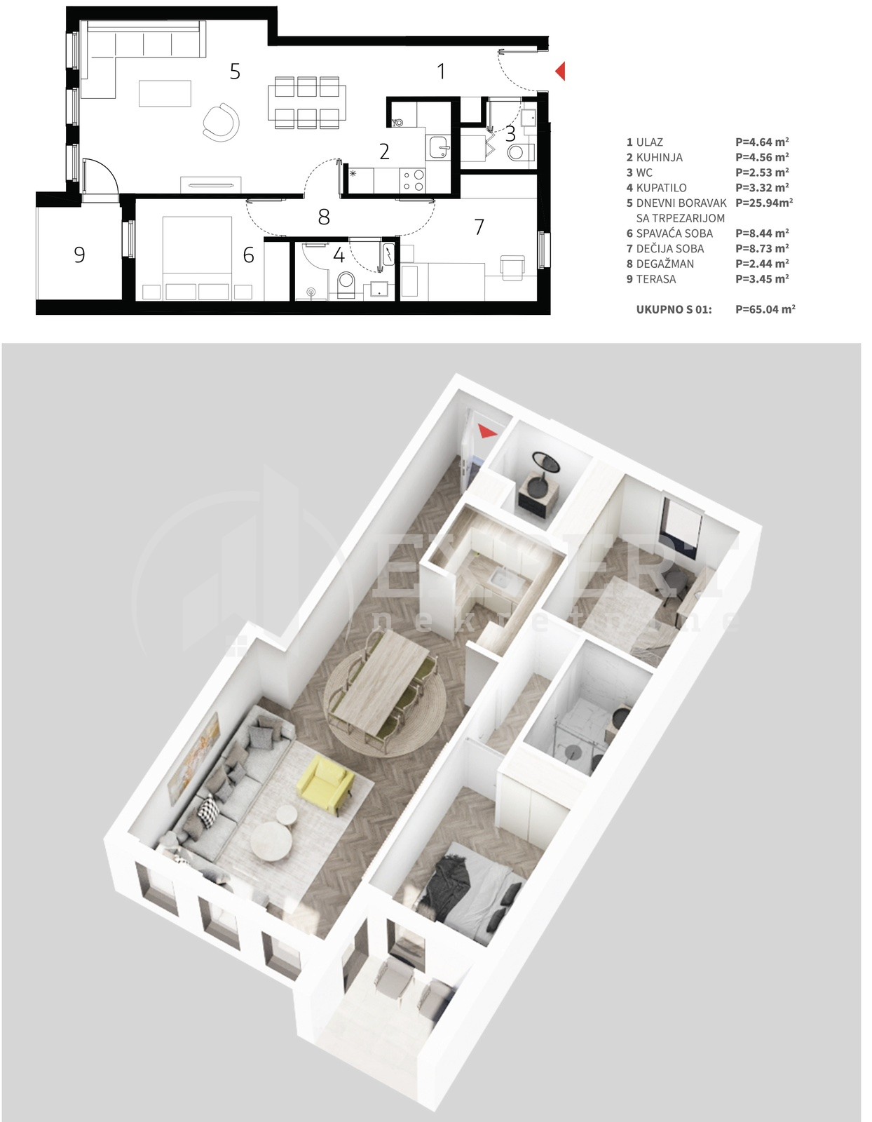Dvosoban stan, 65.04 m2, Palilula, Mokranjčeva ID: p-013520 4