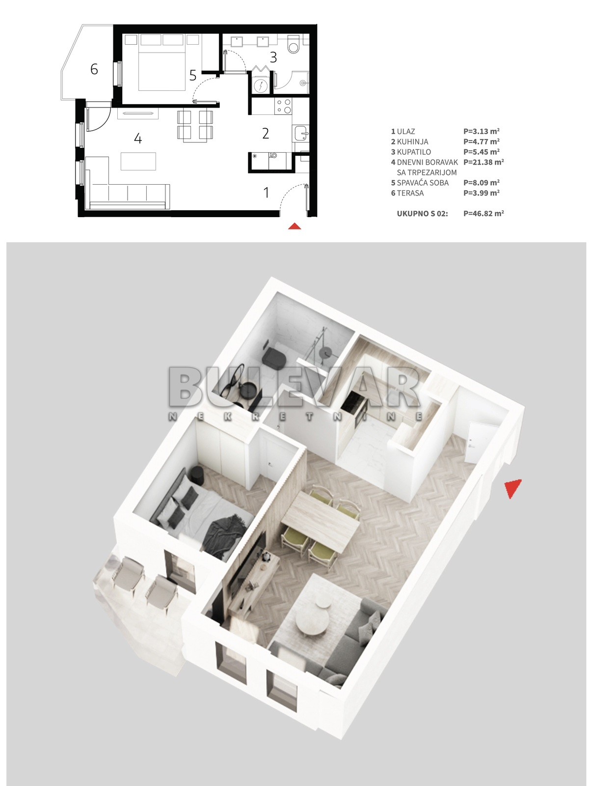 Jednosoban stan, 46.82 m2, Palilula, Mokranjčeva ID: p-013521 4
