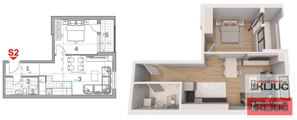 BLIZINA LIPOV GAJA, 45m2, Dvosoban sa pdv, izgradnja 1