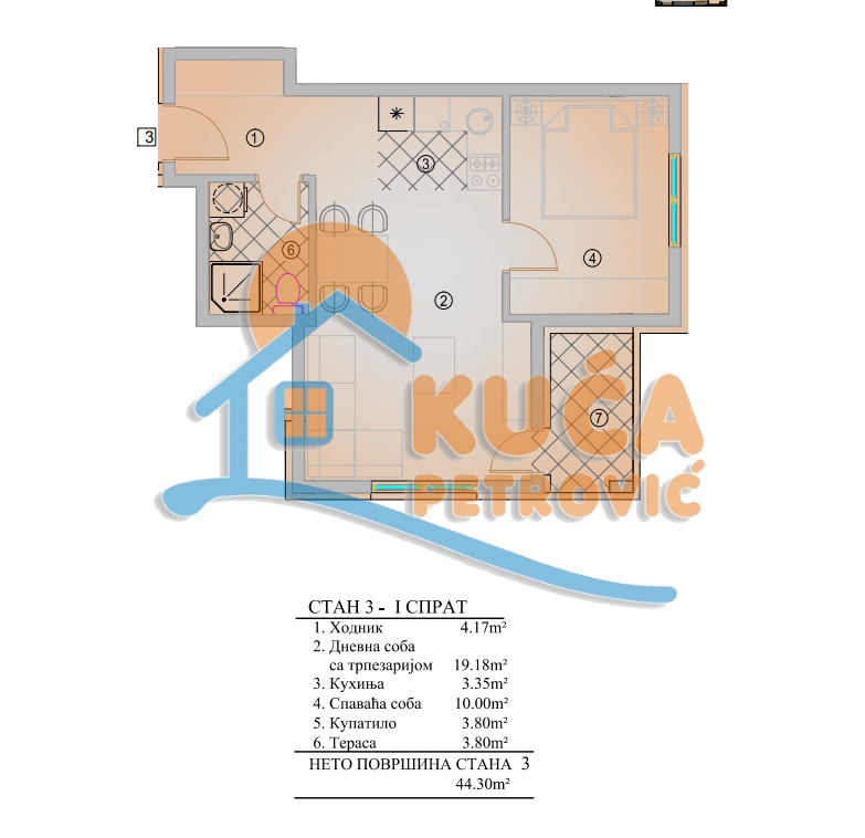 Jednosoban stan, 44.3 m2, Pantelej, Krfska ID: p-014300 5