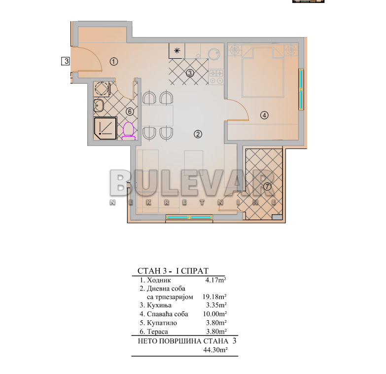 Jednosoban stan, 44.3 m2, Pantelej, Krfska ID: p-014300 5