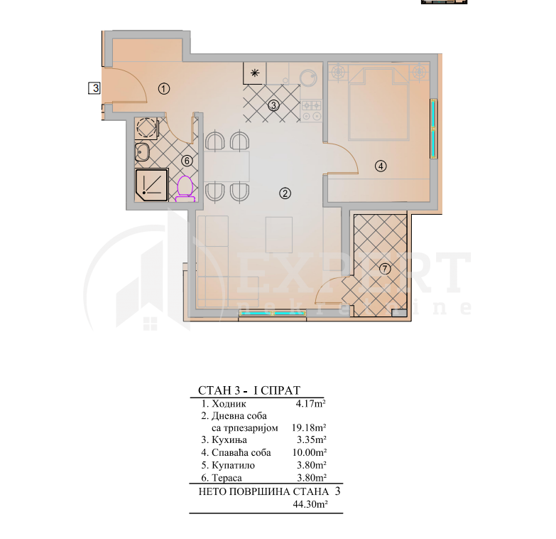 Jednosoban stan, 44.3 m2, Pantelej, Krfska ID: p-014300 5