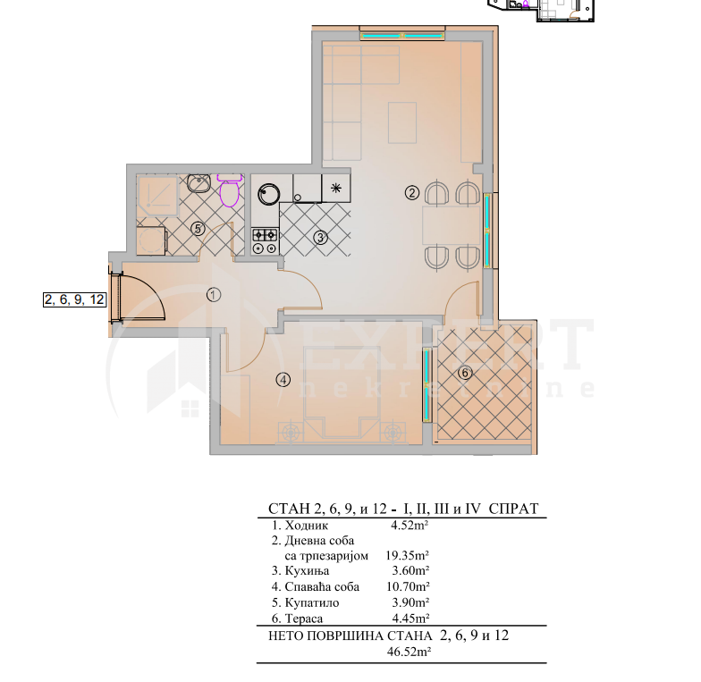 Jednosoban stan, 46.52 m2, Pantelej, Krfska ID: p-014303 4