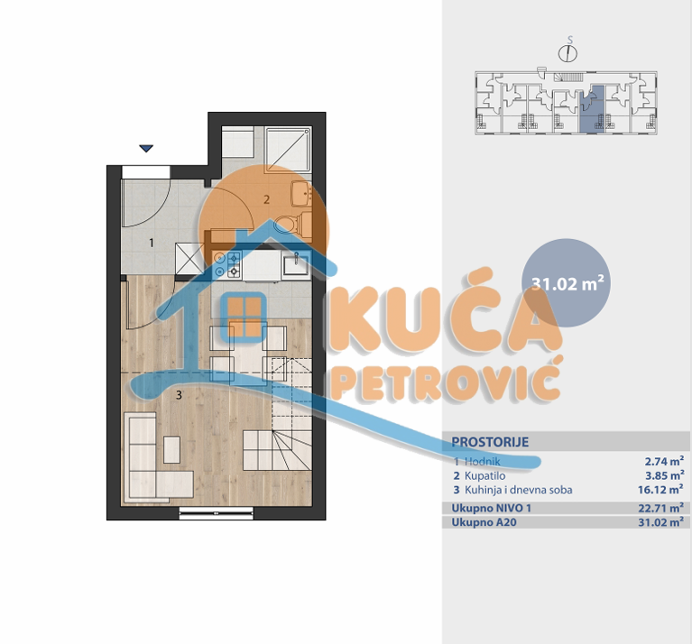 Jednosoban stan, 31.02 m2, Brzeće, Brzeće ID: p-015034 2