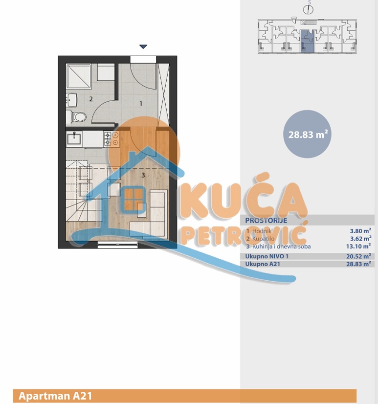 Jednosoban stan, 28.83 m2, Brzeće, Brzeće ID: p-015040 2