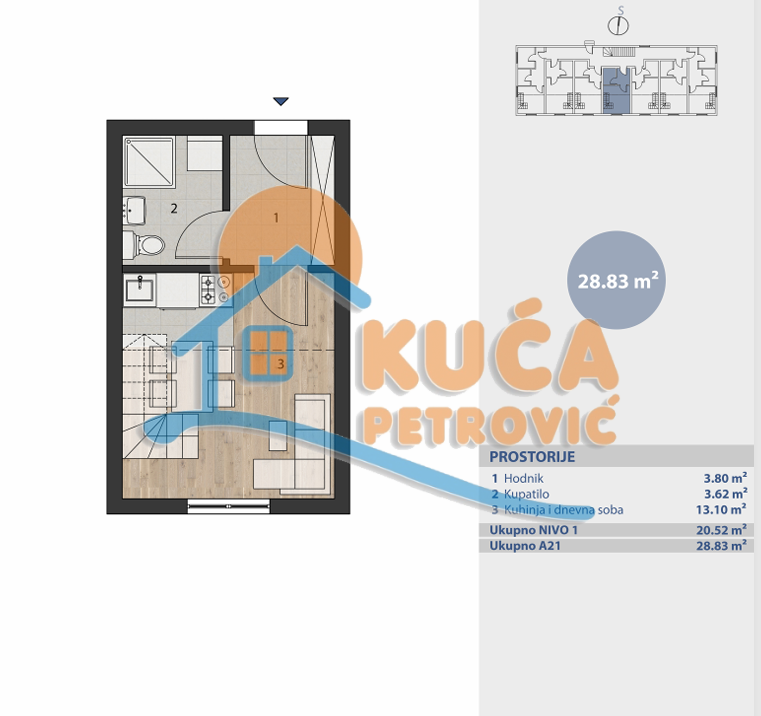 Jednosoban stan, 28.83 m2, Brzeće, Brzeće ID: p-015040 3
