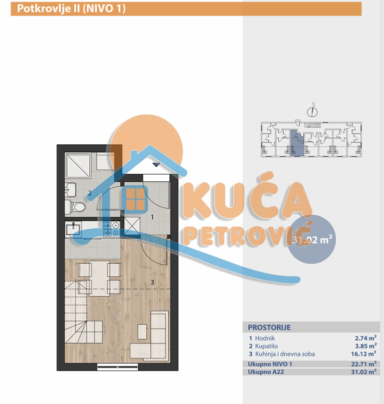 Jednosoban stan, 31.02 m2, Brzeće, Brzeće ID: p-015041 2