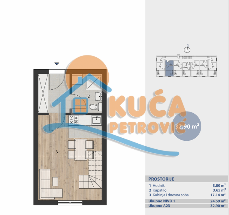 Jednosoban stan, 32.9 m2, Brzeće, Brzeće ID: p-015042 2