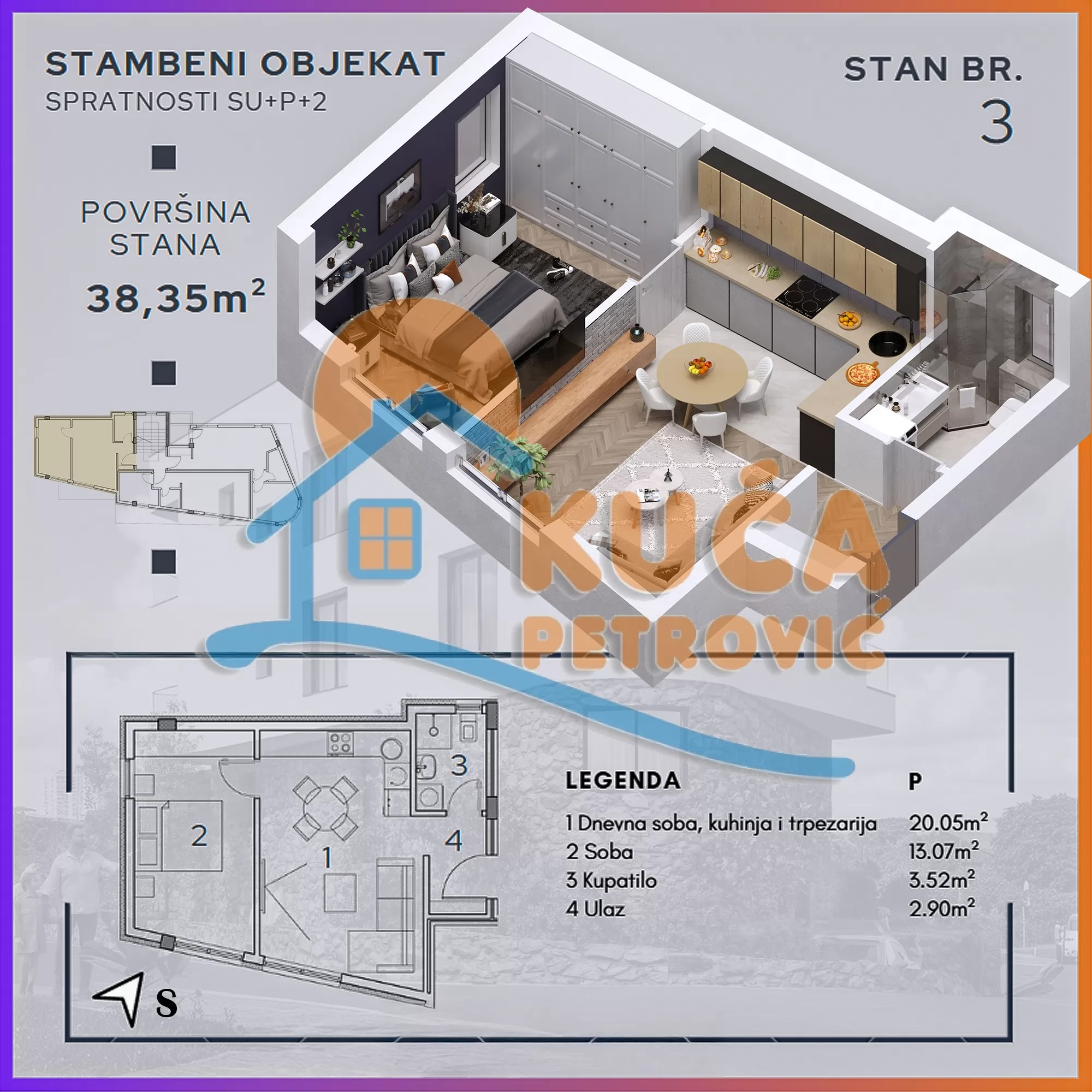Dvosoban stan, 38.35 m2, Palilula, Durmitorska ID: p-014926 3