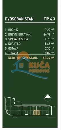 Dvosoban stan, 56.37 m2, Palilula, Palilulska ID: p-015781 3