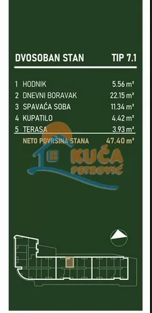 Dvosoban stan, 47.4 m2, Palilula, Palilulska ID: p-015795 3