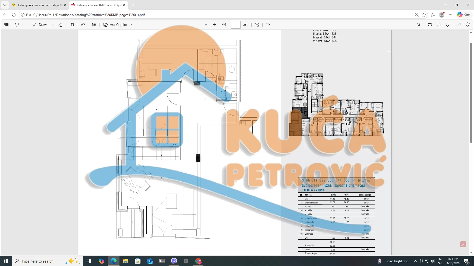 Dvosoban stan, 64.42 m2, Čamurlija, Cetinjska ID: p-016228 2
