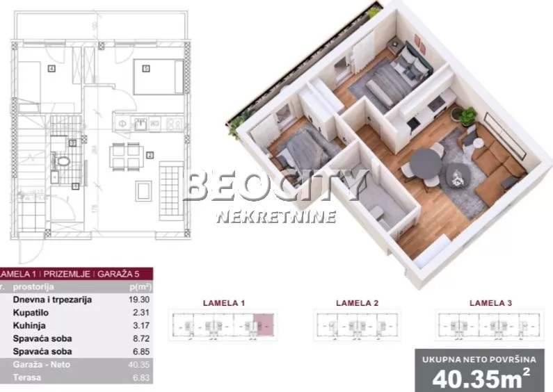 Trosoban stan, 40 m2, Veternik ID: 131637 1