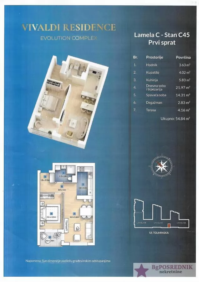 Voždovac, Tolminska, 54.84m2 1
