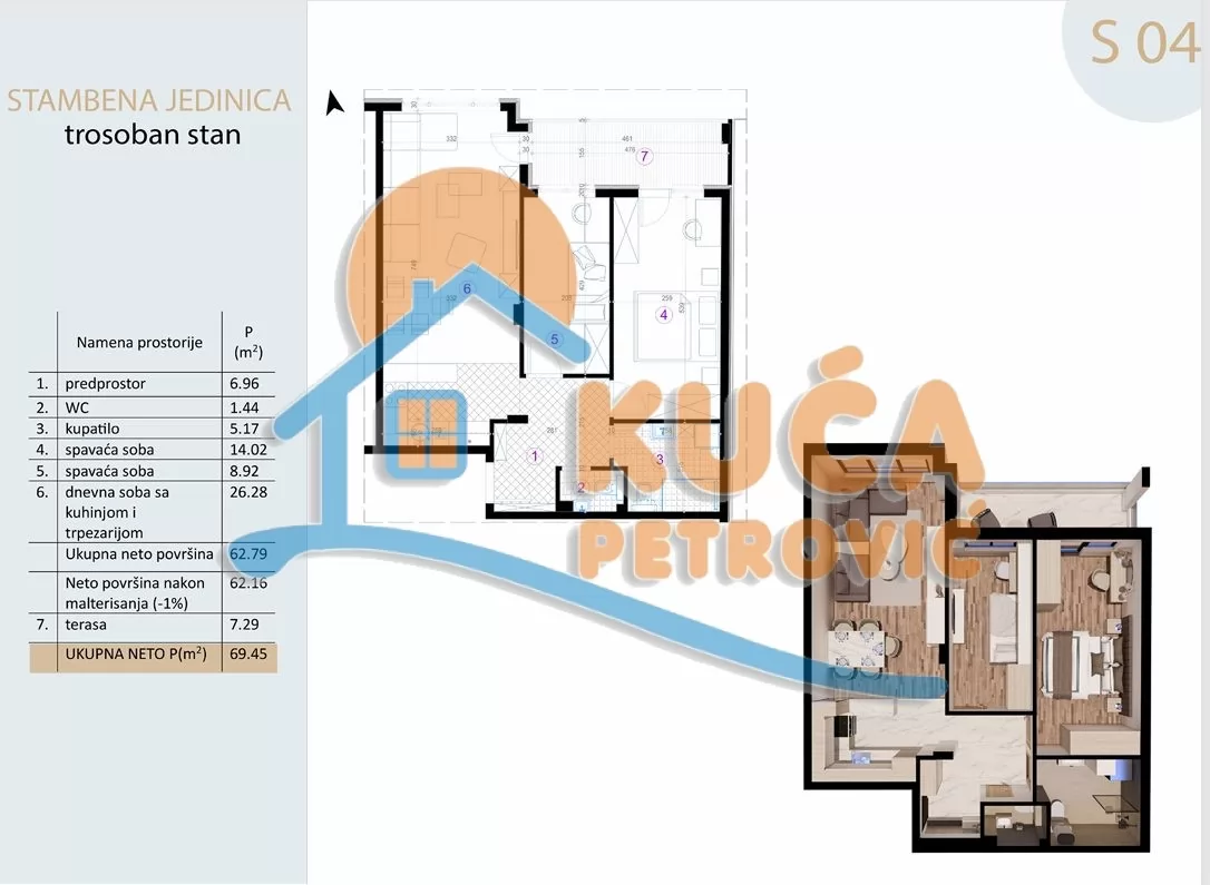 Trosoban stan, 69.45 m2, Pantelej, Bulevar Svetog Pantelejmona ID: p-016936 2