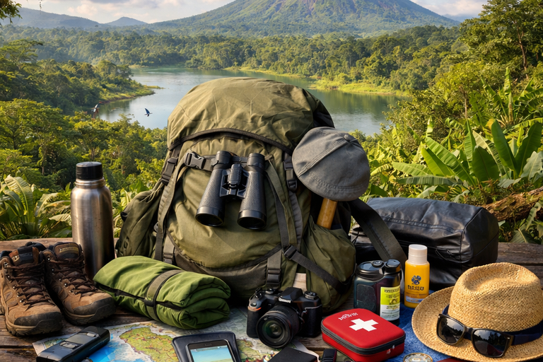 Echipament de drumeție în fața vulcanului