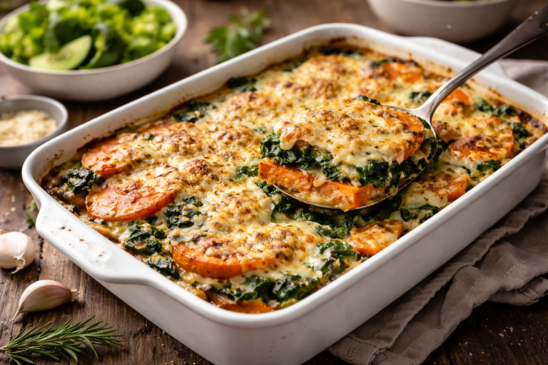 Gratin de cartofi dulci și spanac