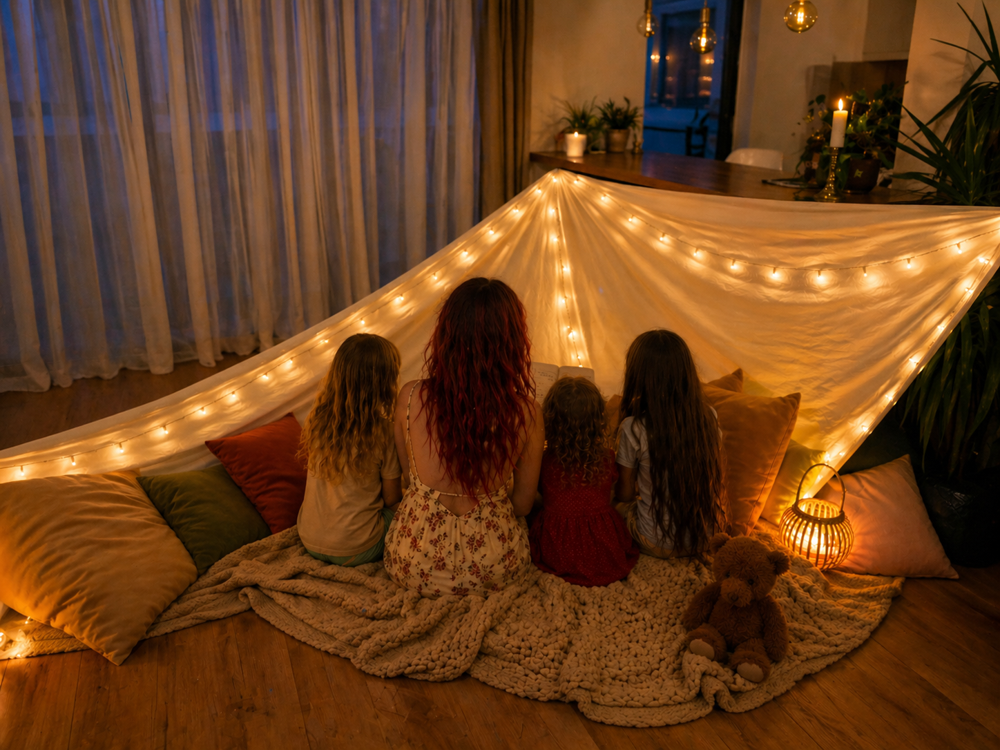 Copiii si mama care si-au facut cort in sufragerie