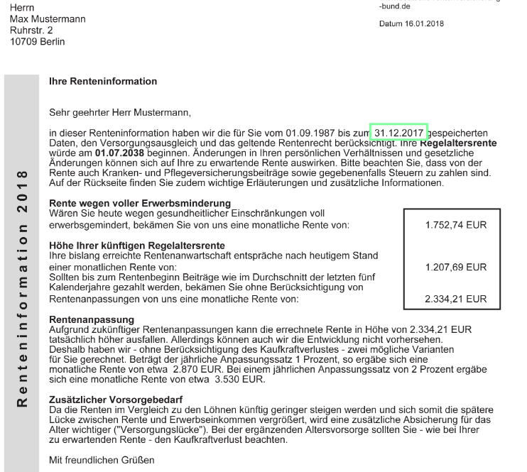 Datenstand in der Renteninformation
