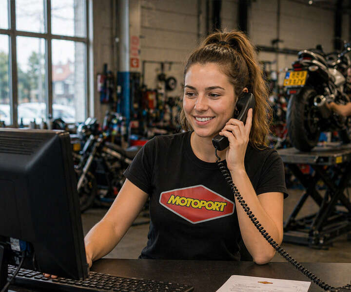 Werkplaatsreceptionist bij MotoPort Assen aan de balie