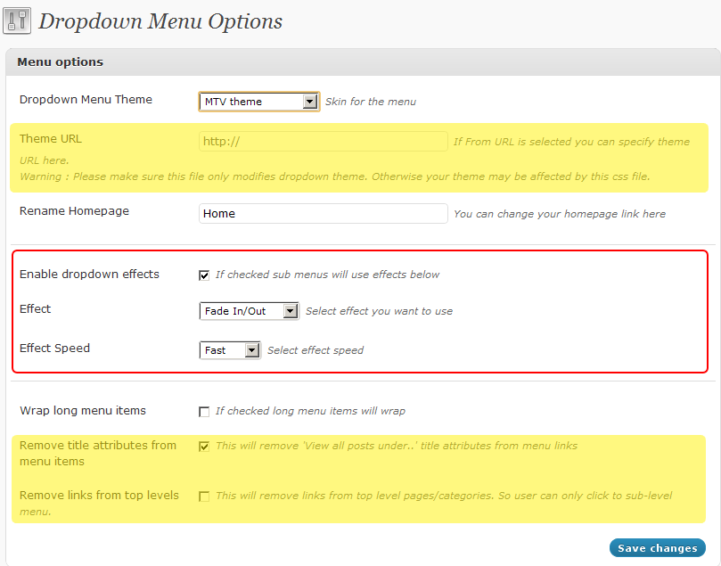 dropdown menu options page
