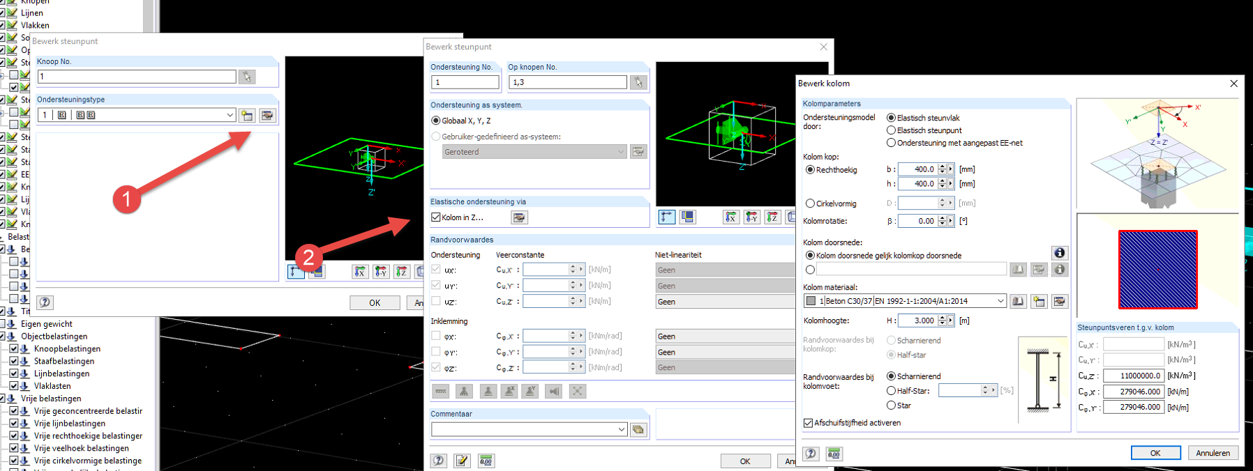 Steunpunt instellen als kolom in rekensoftware RFEM