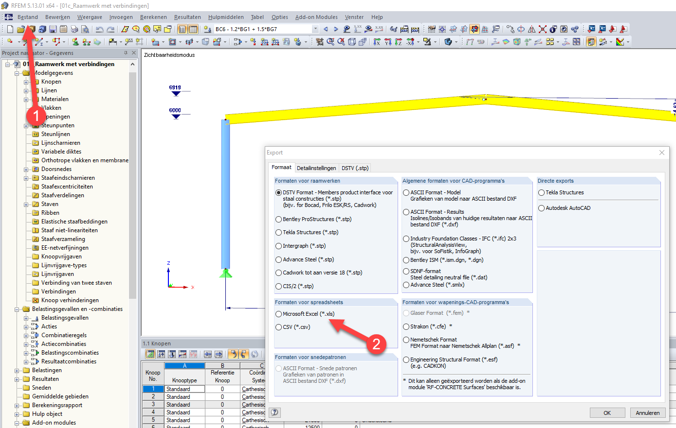 Bestand exporteren vanuit RFEM naar MS Excel