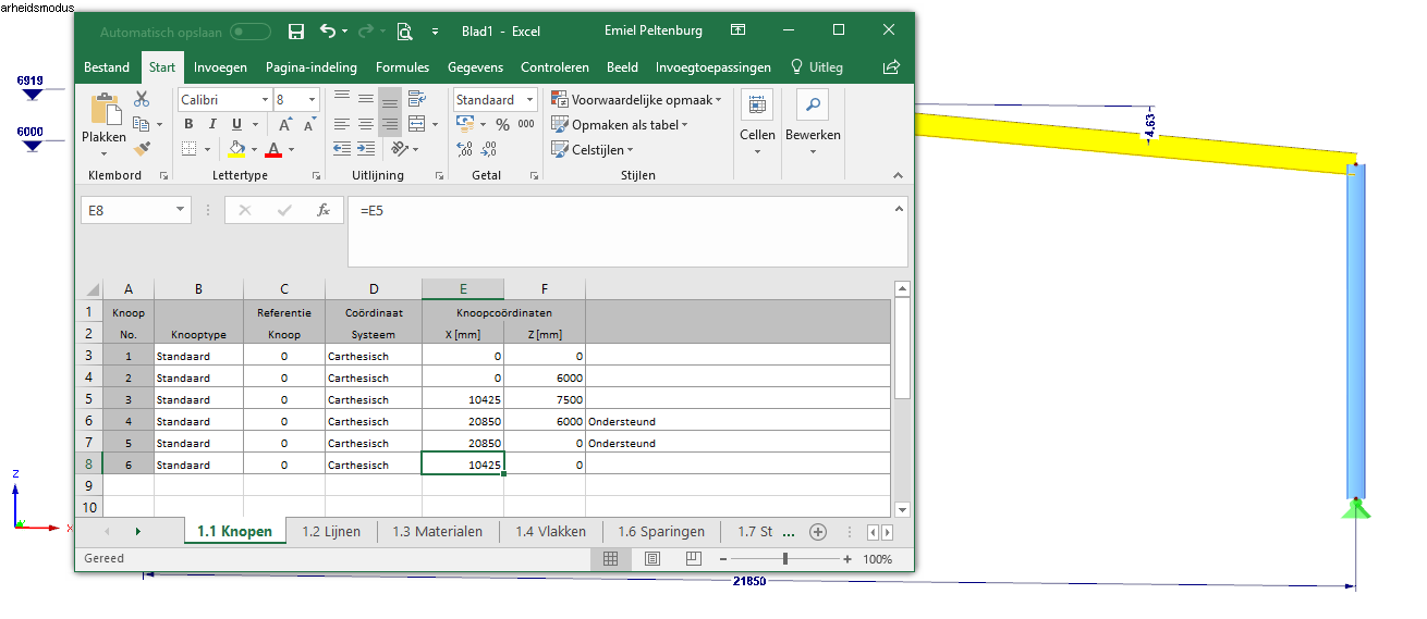 Wijzigen van RFEM modelgegevens in microsoft excel