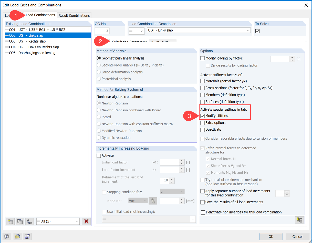 Berekeningsparameters activeer aangepaste stijfheid in RFEM rekensoftware