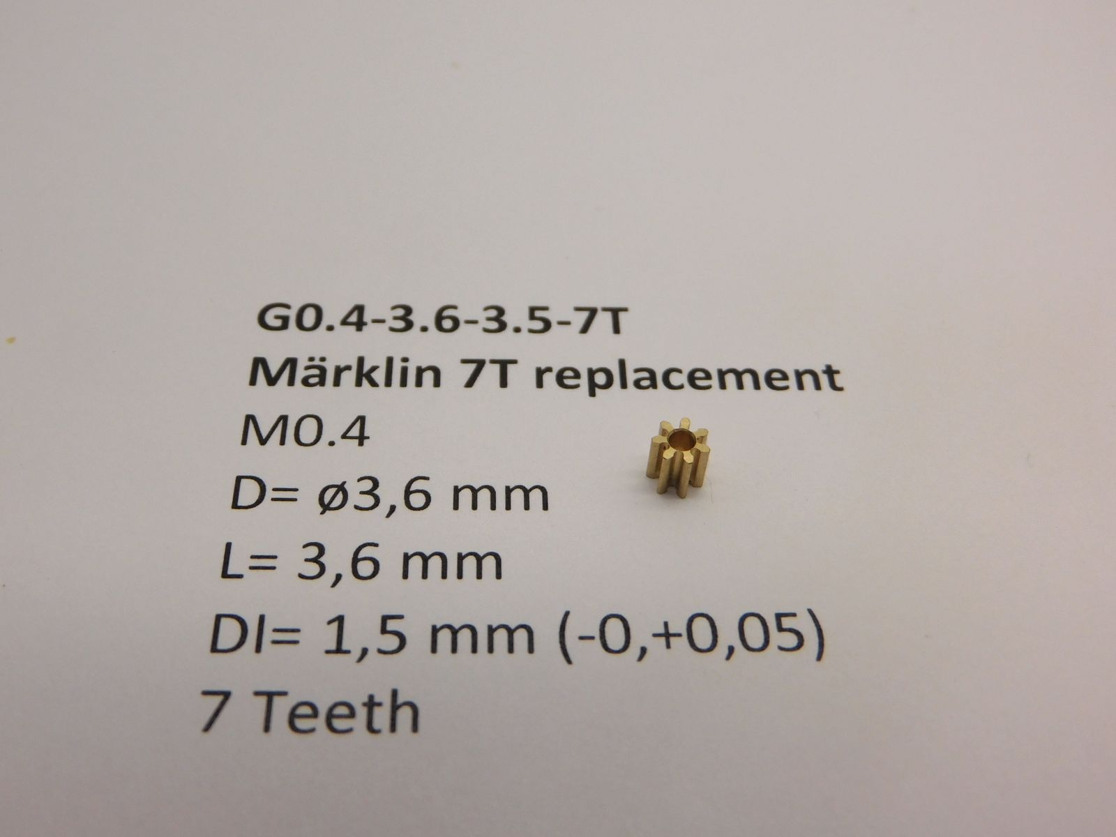 Micromotor.EU G0.4-3.6-3.5-7T – Tandwiel voor Märklin – Module 0,4 – Diameter 3,6 mm – Lengte 3,5 mm – Boring 1,5 mm – 7 tanden