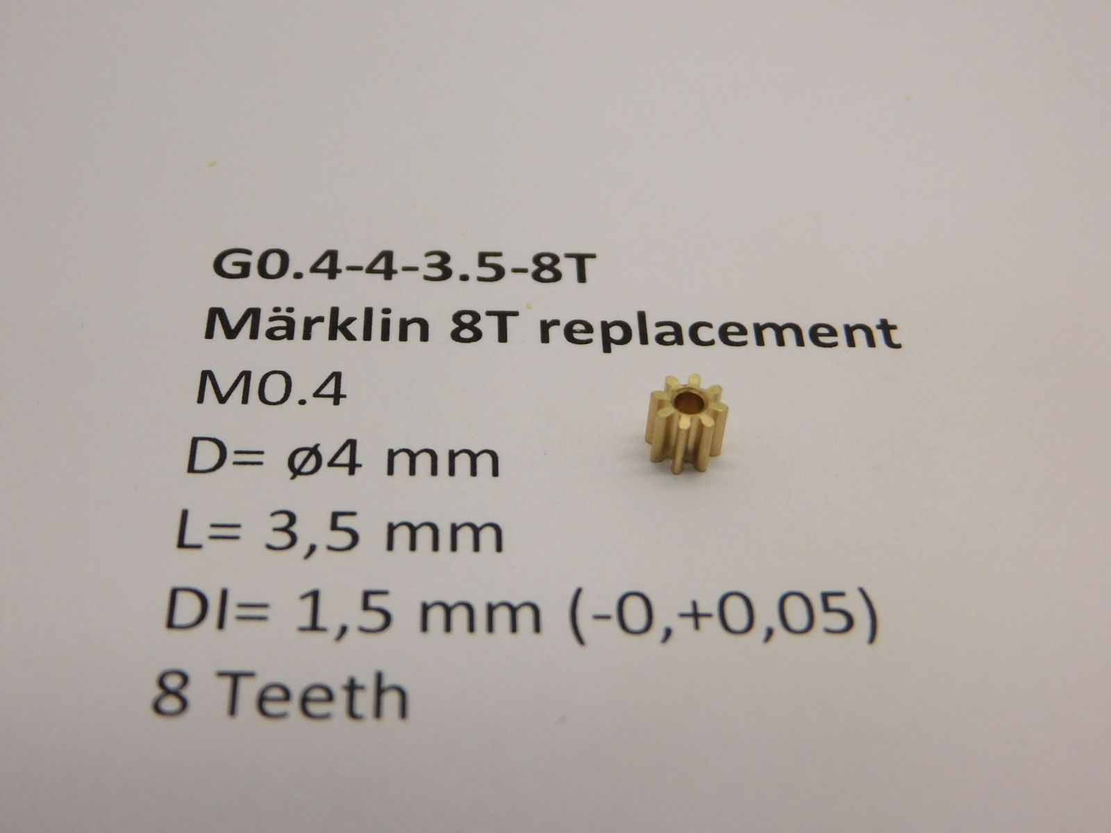 Micromotor.EU G0.4-4-3.5-8T – Tandwiel voor Märklin – Module 0,4 – 8 tanden – Buitendiameter 4,0 mm – Lengte 3,5 mm – Asgat 1,5 mm