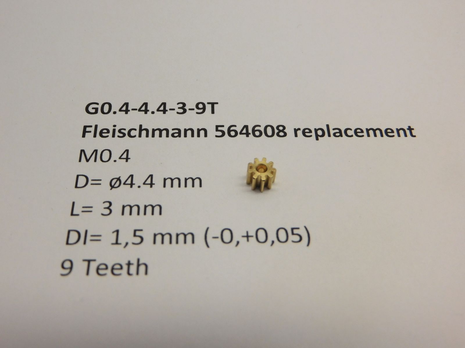 Micromotor.EU G0.4-4.4-3-9T – Tandwiel voor Fleischmann – Module 0,4 – Ø 4,4 mm – Lengte 3 mm – Asgat Ø 1,5 mm – 9 tanden