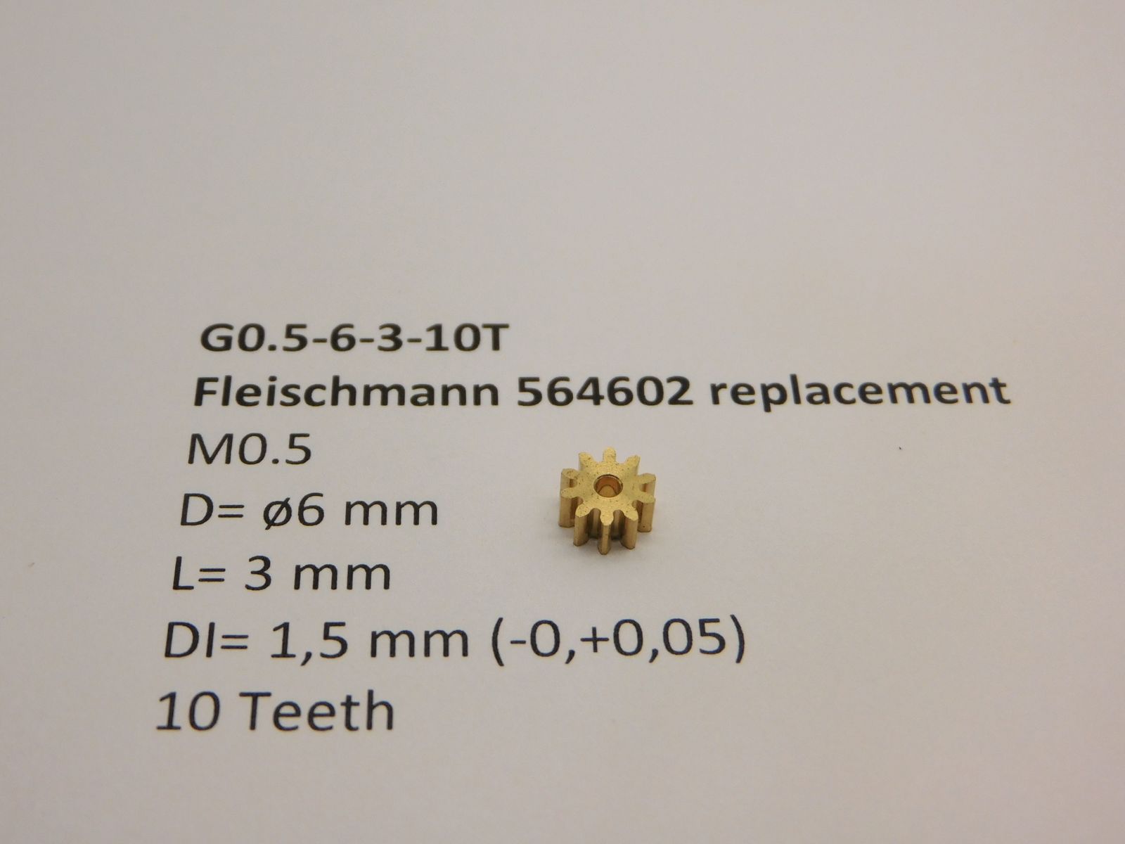 Micromotor.EU G0.5-6-3-10T – Tandwiel voor Fleischmann – Module 0,5 – 10 tanden – Buitendiameter 6 mm – Lengte 3 mm – Asgat 1,5 mm